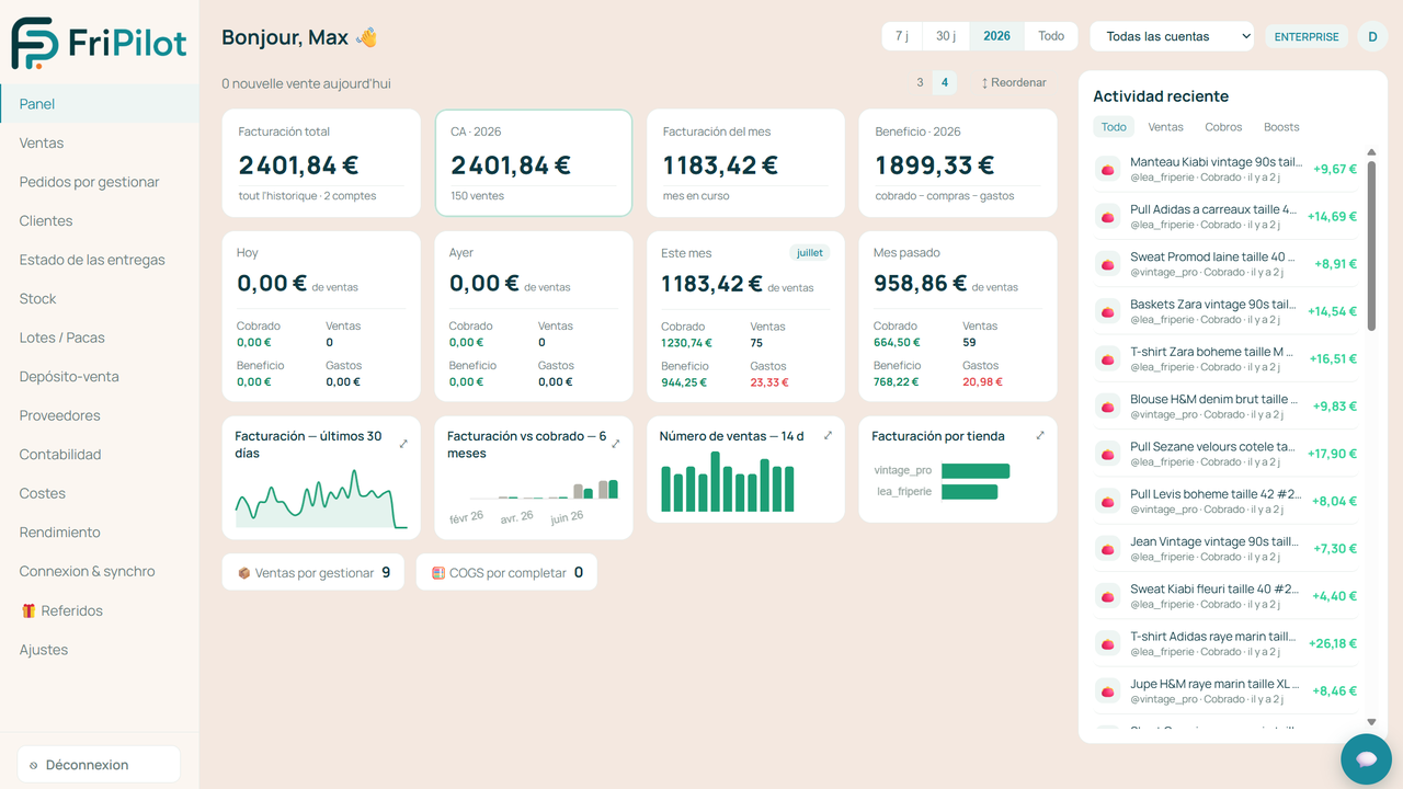 Panel Fripilot: ventas, contabilidad, stock y saldo de Vinted